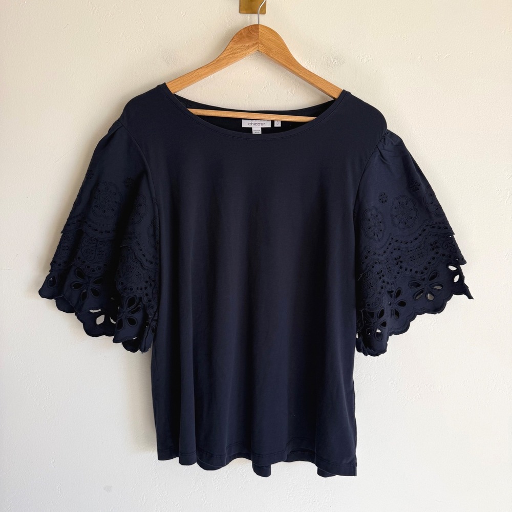 Chico's Eyelet Flutter Sleeve Top Navy Blue Embroidered Coastal Grandma XL 3